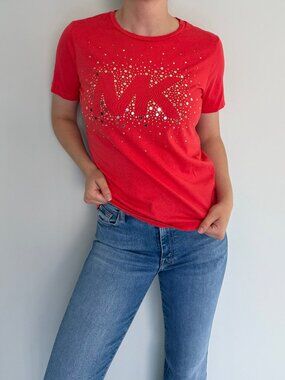 Michael Kors Studded Logo Tee Red Cotton Modal Size S